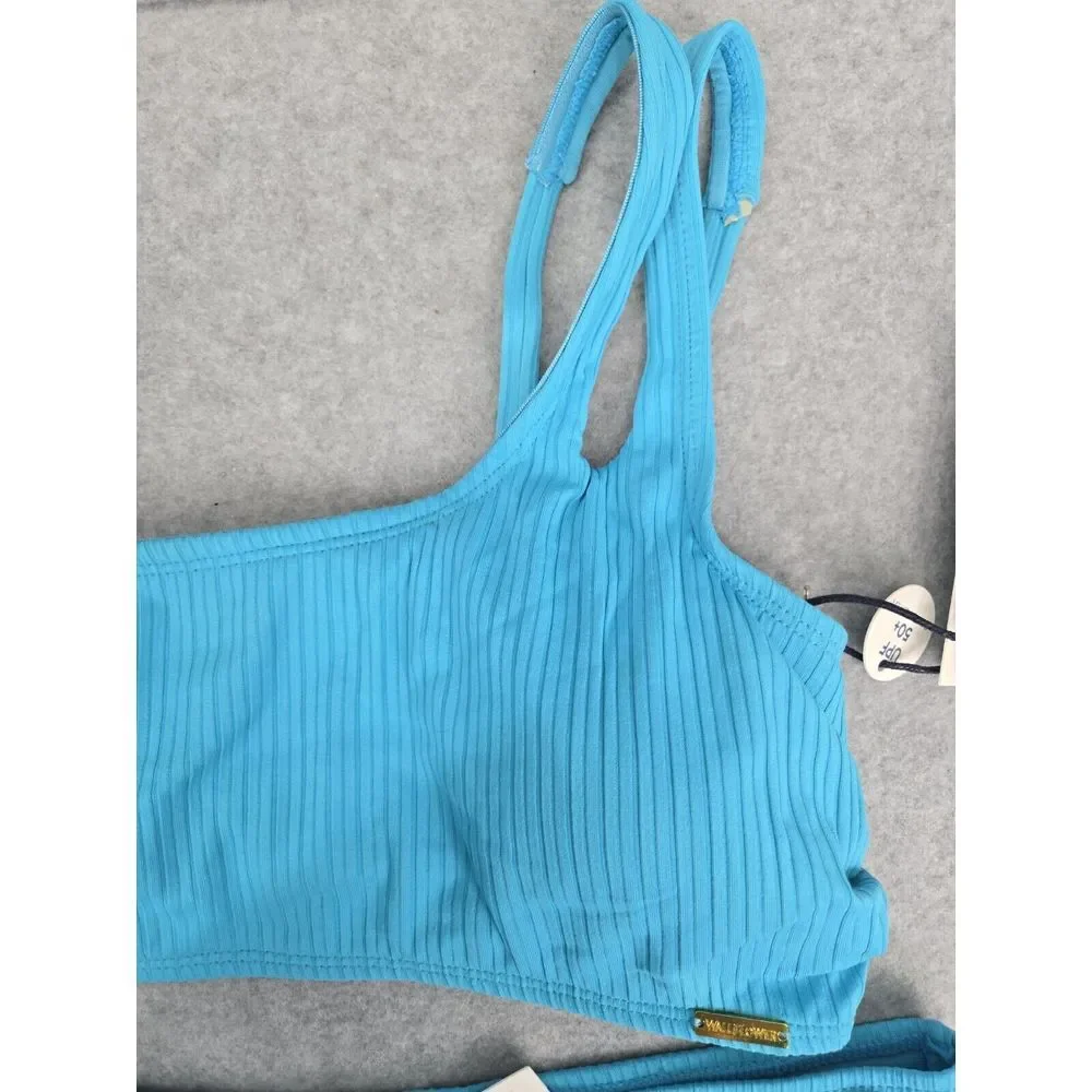 WallFlower Blue Ribbed Bikini Top‎ and Cheeky Bottoms Set UPF 50+, Womens size M - Picture 4 of 8